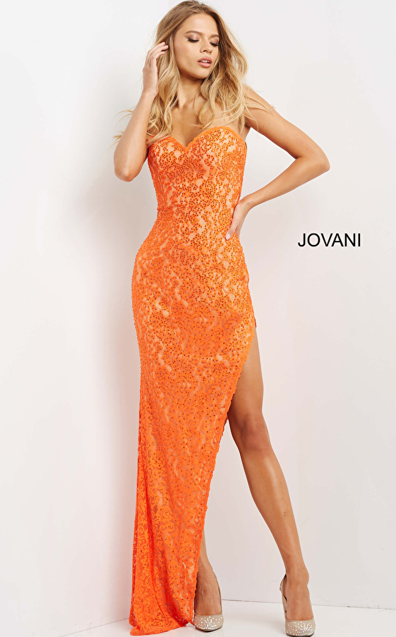 Jovani 08533 Orange Embellished Lace Strapless Prom Dress